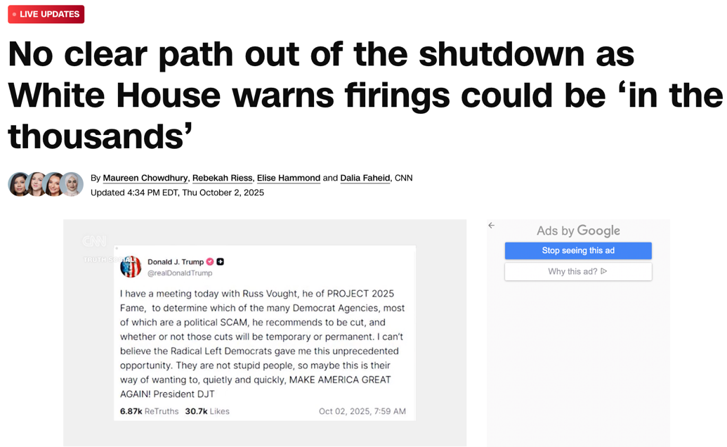 △CNN 报道，政府停摆进入第二天，国会内的谈判依然处于僵局，停摆可能持续到下周