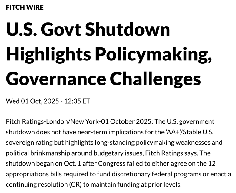 △惠誉评级官网Fitch Ratings10月1日发文称，停摆凸显了长期的政策制定与治理难题