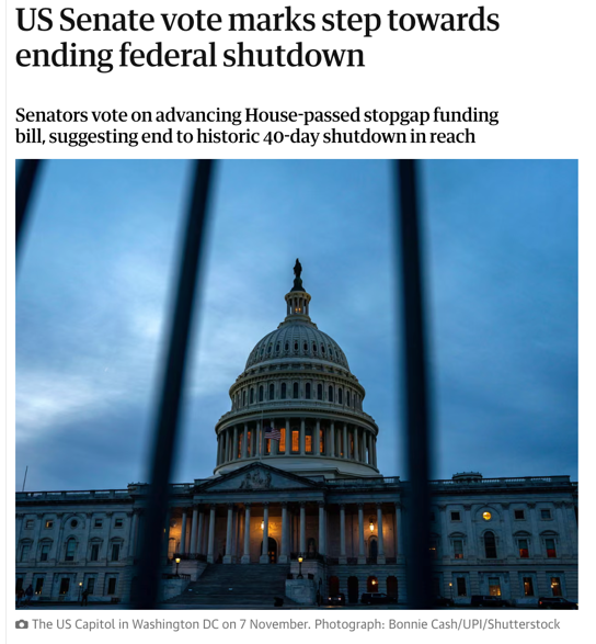 △据《卫报》报道，美参院最终通过临时拨款法案后，还需经众院通过，并送交总统签字