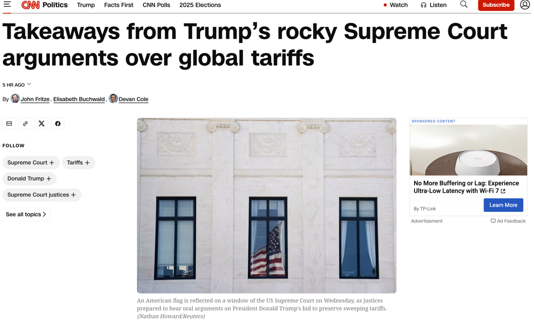 △据美国有线电视新闻网(CNN)报道,11月5日的口头辩论中,最高法院的几名保守派大法官对政府立场深感忧虑并进行了逐条驳斥,此案将对总统权力和经济产生重要影响