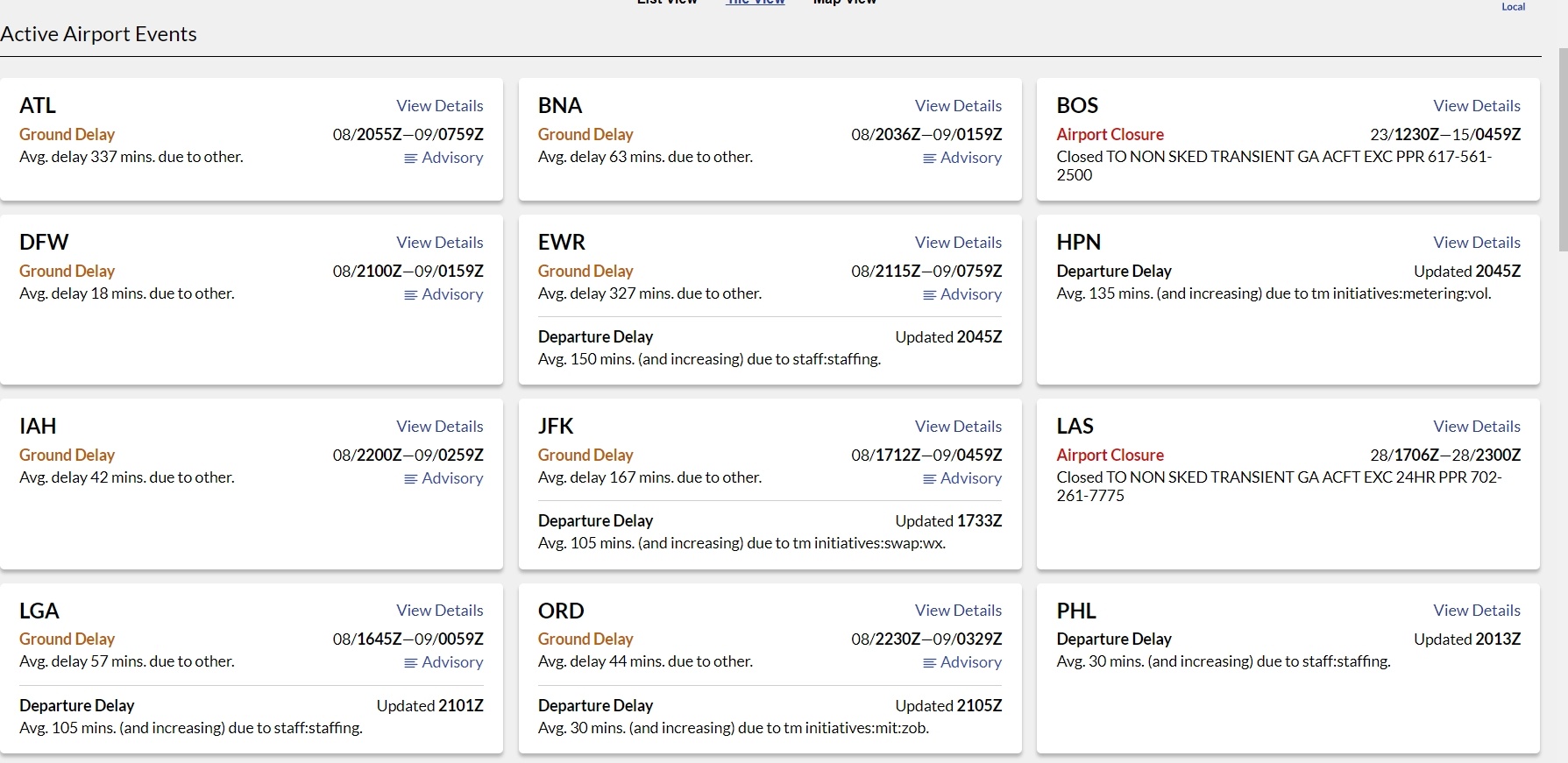 △航班追踪网站截图，美国部分出现延误情况的机场