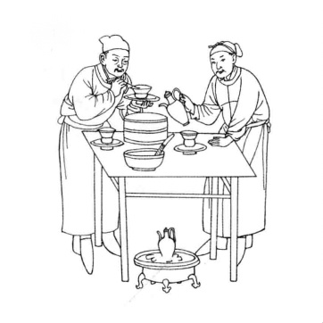 △点茶用匙击拂，河北宣化辽·张世卿墓壁画线描图。