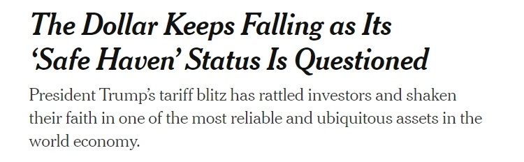 △《纽约时报》刊文“美元持续下跌 其‘避风港’地位受到质疑”