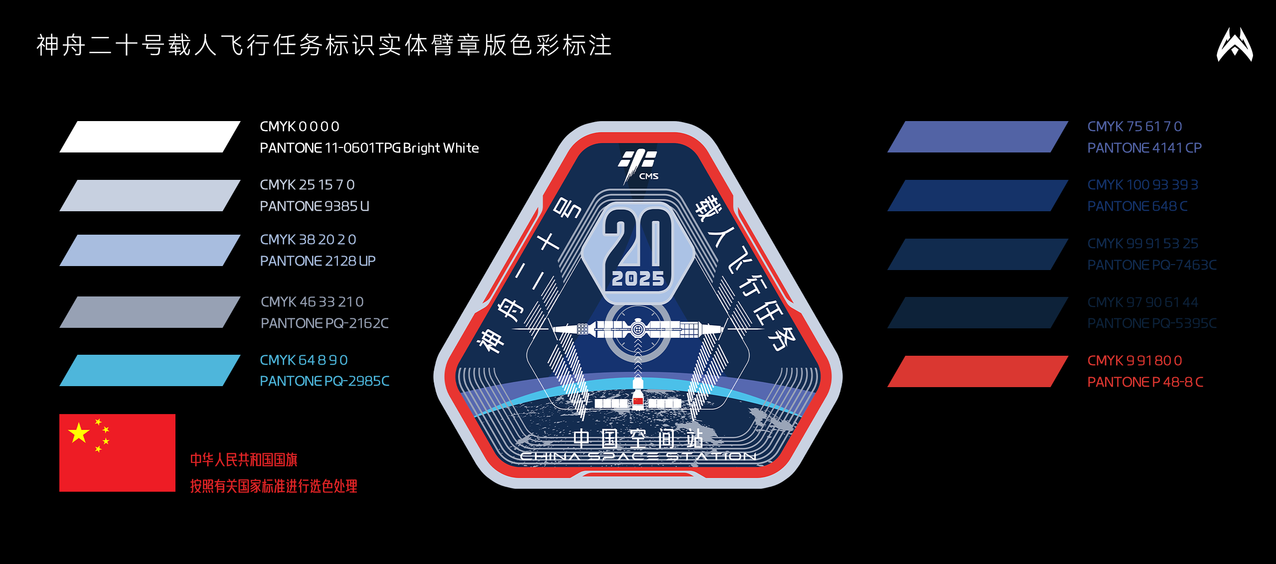 △神舟二十号载人飞行任务标识实体臂章版色彩标注