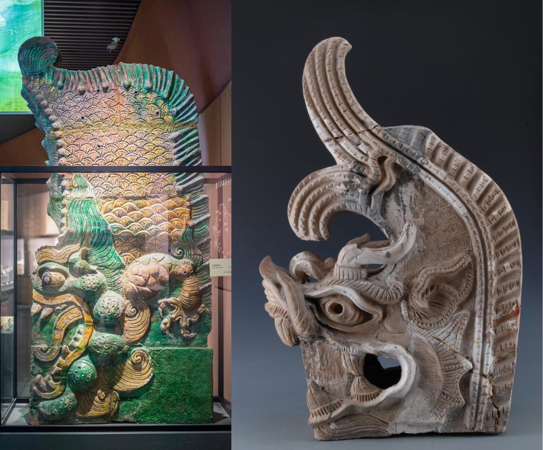△左为辽·琉璃鸱吻，来自大同市华严寺薄伽教藏殿，大同市博物馆藏。右为西夏·灰陶鸱吻，宁夏博物馆藏。