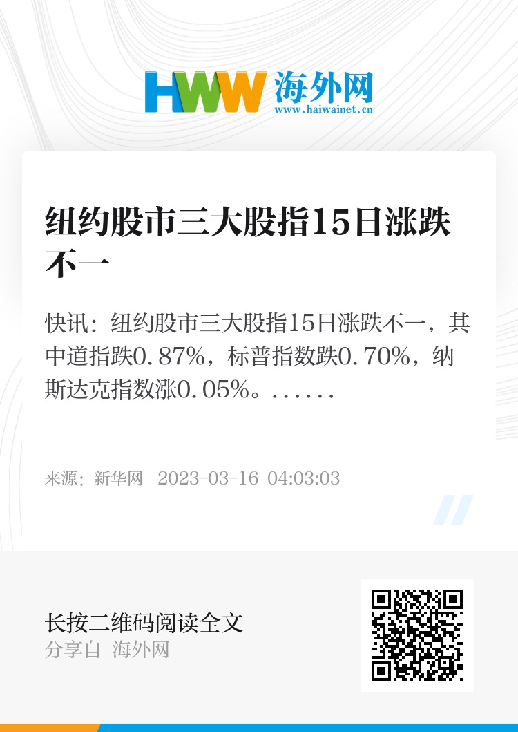 纽约股市三大股指15日涨跌不一- 资讯- 海外网