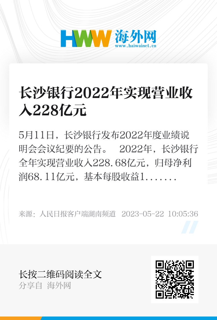 长沙银行2022年实现营业收入228亿元