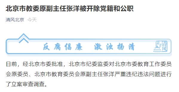 北京市教育委员会原副主任张洋严重违纪违法问题进行了立案审查调查