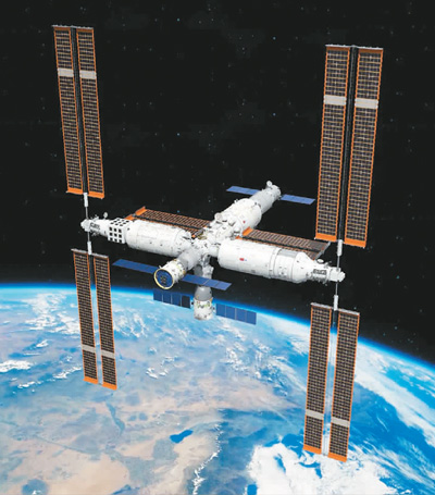 空间站在轨运行示意图 本文图片来源：中国载人航天工程办公室