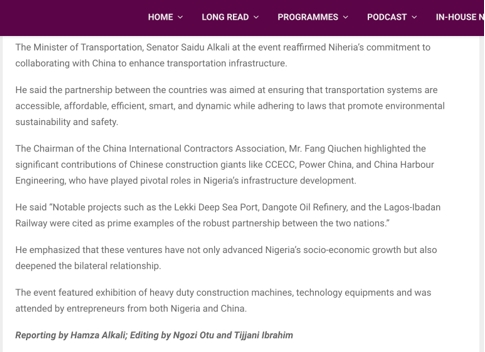 外媒：尼日利亚计划扩大对华贸易和基础设施合作
