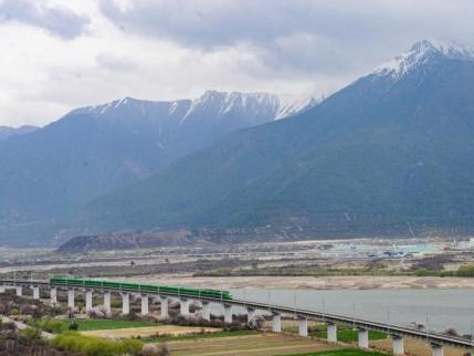西藏林芝：复兴号动车组穿行在桃花海间