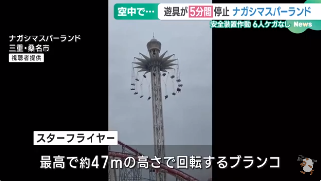 日本一游乐园旋转飞椅突然停转 6名游客滞留40米高空