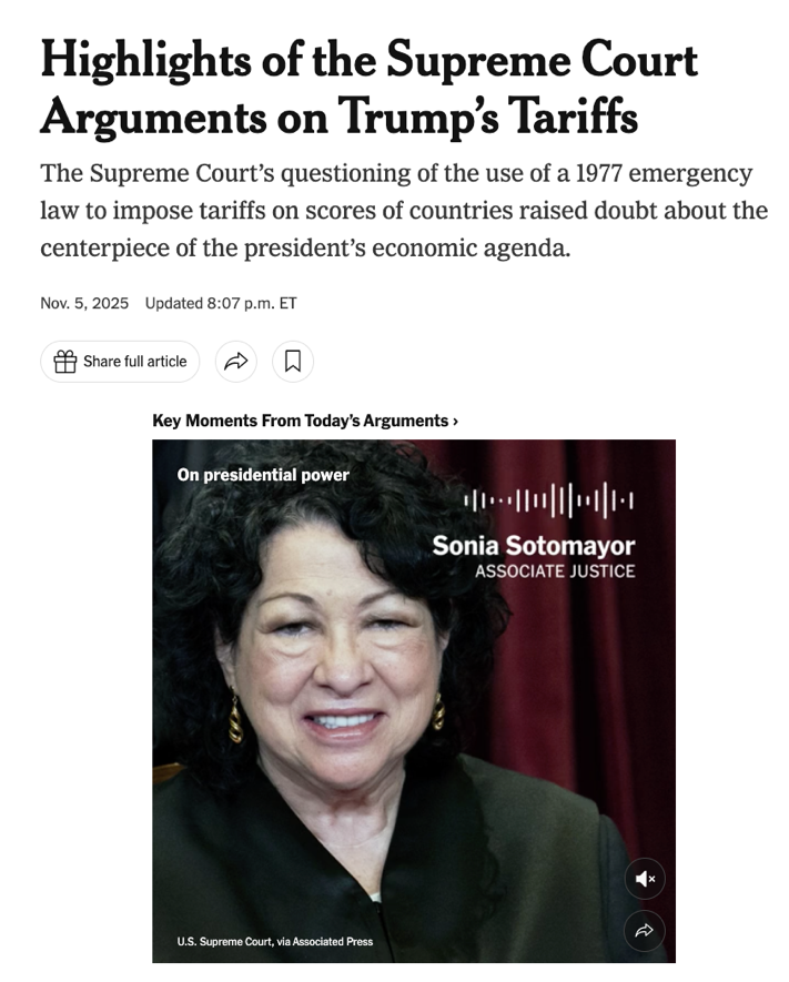 △据《纽约时报》报道，最高法院大法官对总统依据《国际紧急经济权力法》（IEEPA）在全球征收关税提出质疑