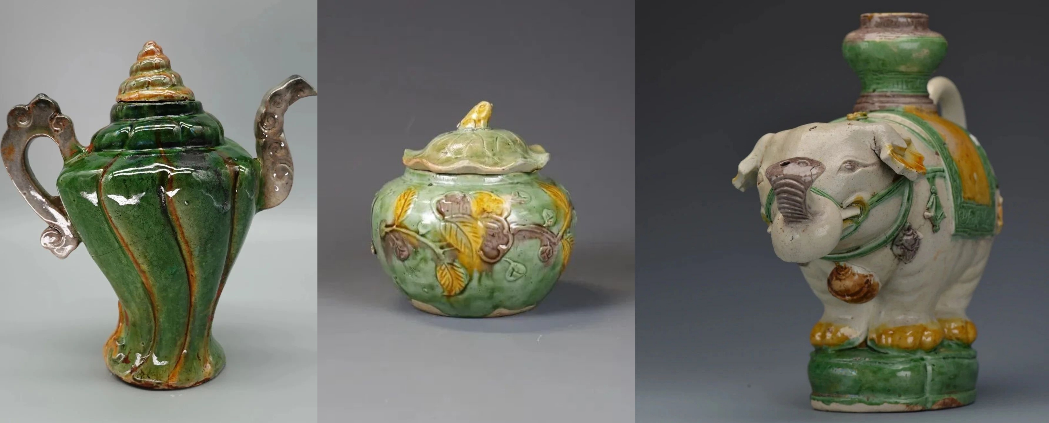 △从左至右为：明·素三彩螺形执壶，明·素三彩盖罐，明·素三彩象形执壶，均为南海西北陆坡一号沉船出水文物。