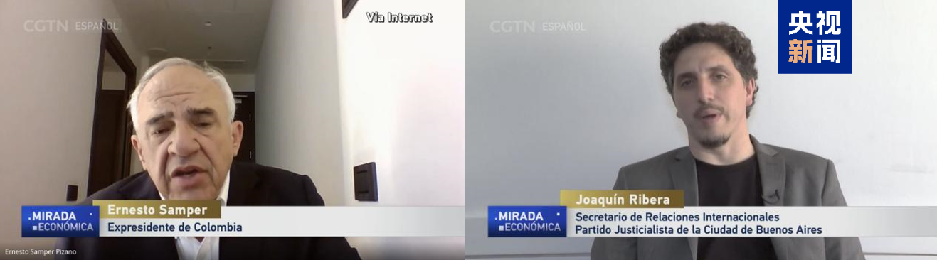△哥伦比亚前总统埃内斯托·桑佩尔（左） 阿根廷布宜诺斯艾利斯市正义党国际关系秘书华金·里韦拉（右）