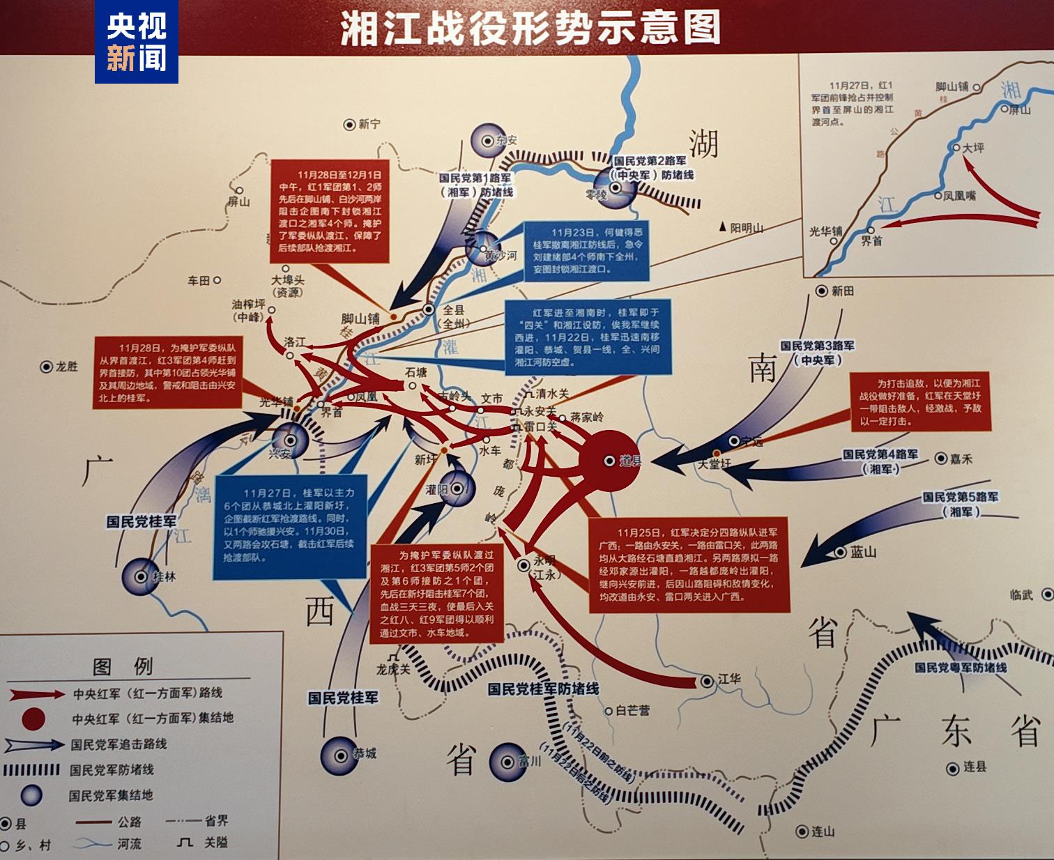 全州红军长征湘江战役纪念馆展出的湘江战役示意图